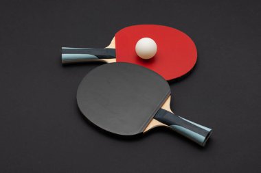 Kırmızı ve siyah kauçuk yüzeyli iki profesyonel pin pon raketi, mavi aksanlı ahşap saplar ve beyaz top rekabetinin yer aldığı minimalist stüdyo kompozisyonu