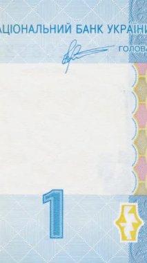 Yüksek çözünürlüklü yakın çekim çekimlerinde ulusal sembolleri ve güvenlik özellikleri olan sarı renkli Ukrayna banknotu tasarımı ayrıntılı yatay hareket