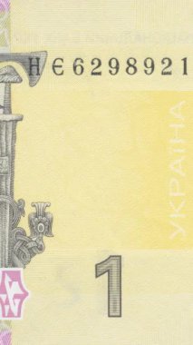 Ukrayna 'nın karmaşık detaylarını içeren dikey video bir Hryvnia banknotunun ters yüzü, dekoratif şahin, çapraz sembol ve mavi ve pembe güvenlik tasarımında geometrik desenler sergiliyor