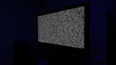 Karanlık bir odada parazit ve parazitli televizyon ekranı görsel bozulma ve elektronik sinyal bozulması ile dijital bir hata etkisi yaratıyor.