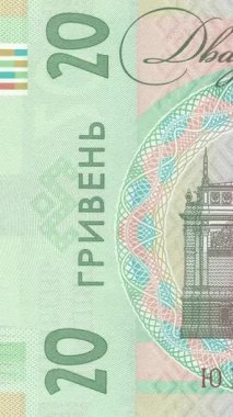 Açık yeşil zemin üzerinde karmaşık yeşil güvenlik desenleri, koruyucu unsurlar ve Guilloch tasarımları içeren banknot numarası ve metni gösteren 20 UAH banknotunun tersten yakınlaştırılmış hali