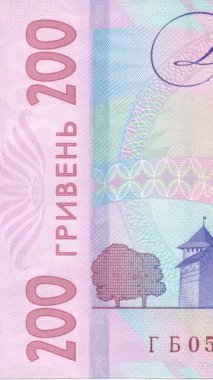 Ukrayna 'nın ters tarafındaki Lutsk Kalesi giriş kulesinin detaylı görüntüsü 200 Hryvnia banknotu, ortaçağ mimarisi detayları ve güvenlik unsurları mavi ve pembe-mor tonlarda