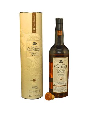Clynelish, Coastal Highland Single Malt Scotch whisky on white background. Whisky is a major export item of Scotland - illustrative editorial