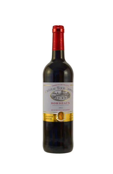 Μπουκάλι Γαλλικό Κόκκινο Κρασί Από Διάσημη Περιοχή Του Μπορντό Επεξηγηματικό Φωτογραφία Αρχείου