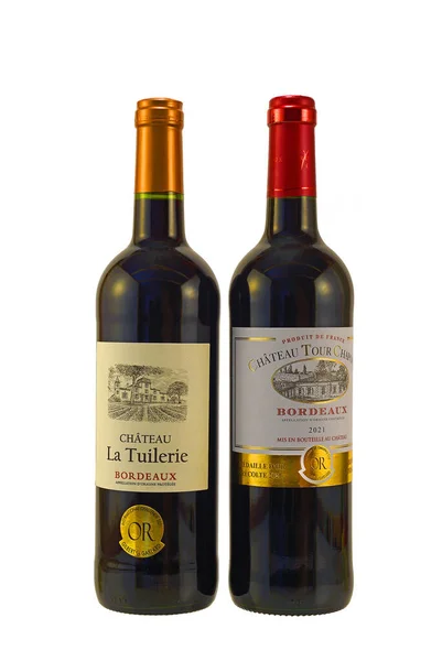 Μπουκάλι Γαλλικό Κόκκινο Κρασί Από Διάσημη Περιοχή Του Μπορντό Επεξηγηματικό Εικόνα Αρχείου