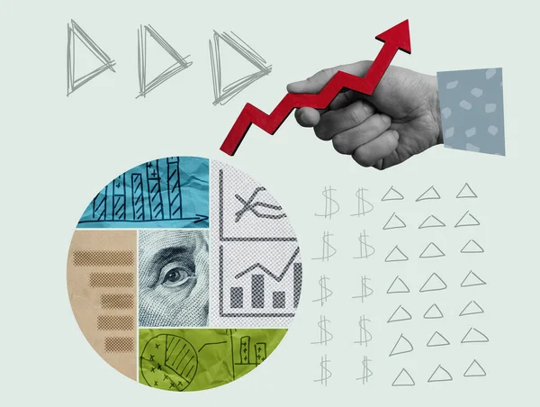 矢印と手で概念的なコラージュ 事業計画と分析のシンボルとしての財務チャート — ストック写真
