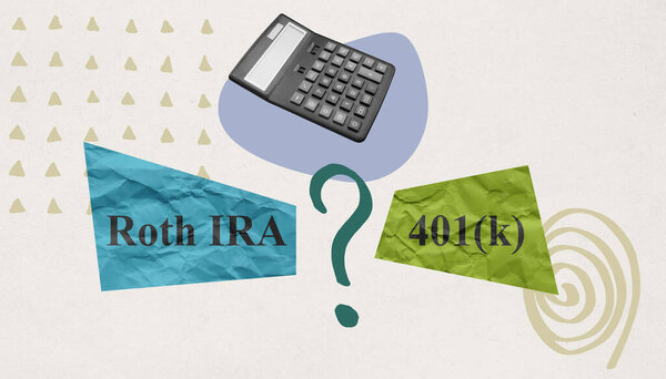 A Calculator in collage as symbol choosing pension plan Roth IRA or 401k.