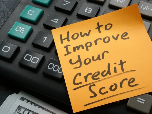 Memo Stick How Improve Your Credit Score Inscription Calculator — Stock Photo, Image