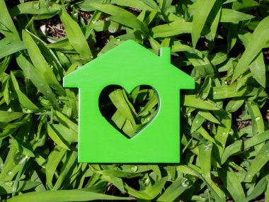 Yeşil enerji ve ekolojinin sembolü olarak çimenlerin üzerinde küçük yeşil bir ev var..