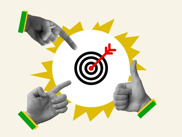 Collage with hands and target as a symbol of achieving business goals.