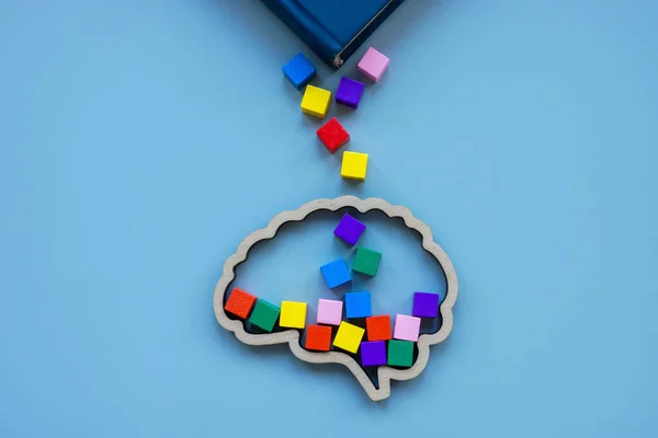 Knowledge and new ideas concept. Multicolored cubes fall from the book into the brain.