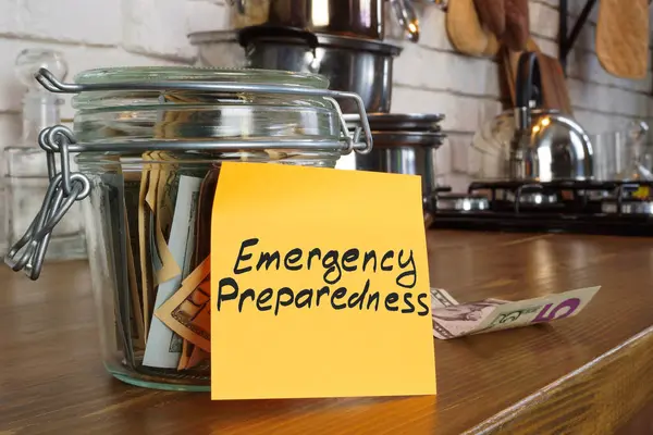Glass jar with savings and label emergency preparedness.