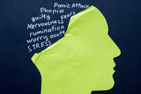 Torn part of paper head and words as a symbol of depression, stress and psychology.
