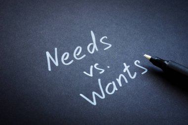 İhtiyaçlara karşı konsept. Siyah kağıttaki kelimeler.