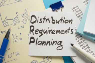 Distribution requirements planning DRP and papers with marks. clipart