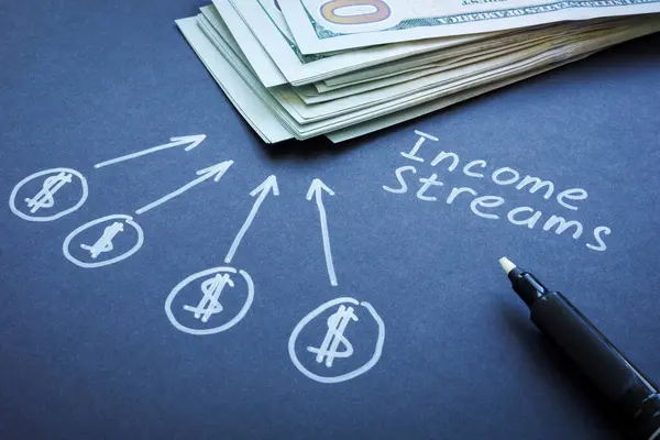 stock image Income streams inscription, money and marks.