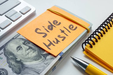 Stack of money labeled side hustle. Additional income and entrepreneurial ventures concept. clipart