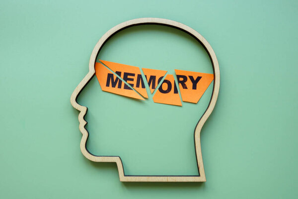 Head outline with cut memory text. Cognitive decline or memory loss concept.