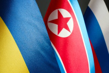 Ukrayna, Kuzey Kore ve Rusya 'nın bayraklarını kapatın.