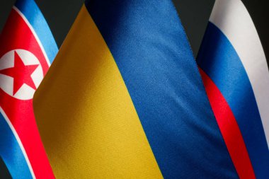 Ukrayna, Rusya ve Kuzey Kore bayrakları. Uluslararası çatışma.