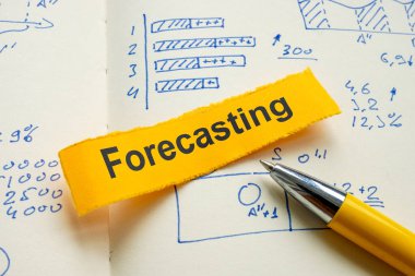 Finansal grafikleri ve tahminleri olan bir defter. İş planlama kavramı.