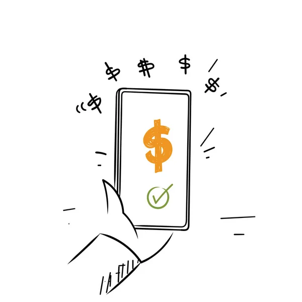 Mão Desenho Doodle Telefone Móvel Com Dinheiro Símbolo Ilustração Vetor — Vetor de Stock