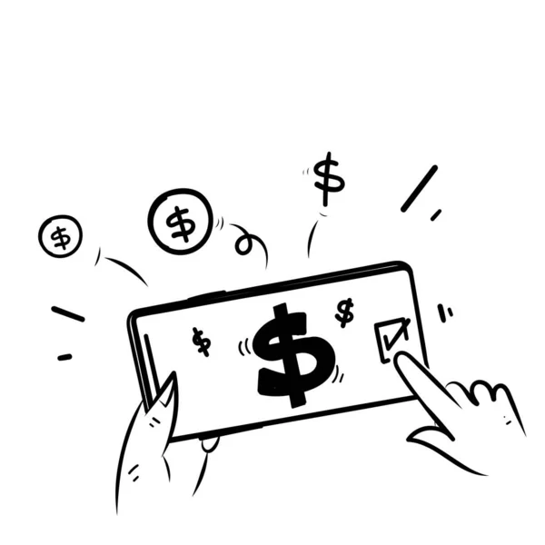 Ручной Рисунок Каракули Мобильного Телефона Символом Деньги Иллюстрации Вектор — стоковый вектор
