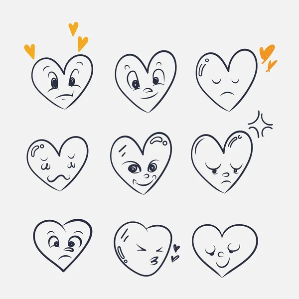 Mão Desenhado Doodle Coração Amor Com Personagem Emoticon Rosto Ilustração — Vetor de Stock