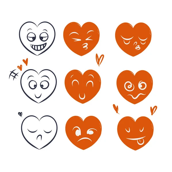 Mão Desenhado Doodle Coração Amor Com Personagem Emoticon Rosto Ilustração — Vetor de Stock