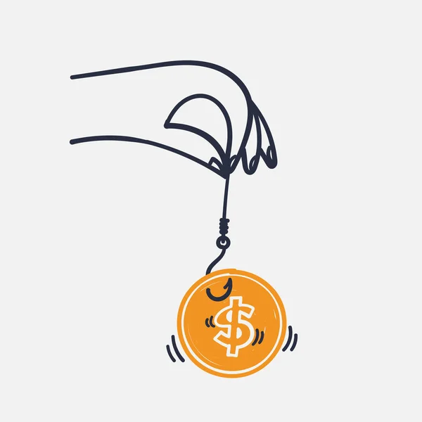 Dessiné Main Dollar Doodle Argent Sur Crochet Pêche Illustration Vecteur — Image vectorielle