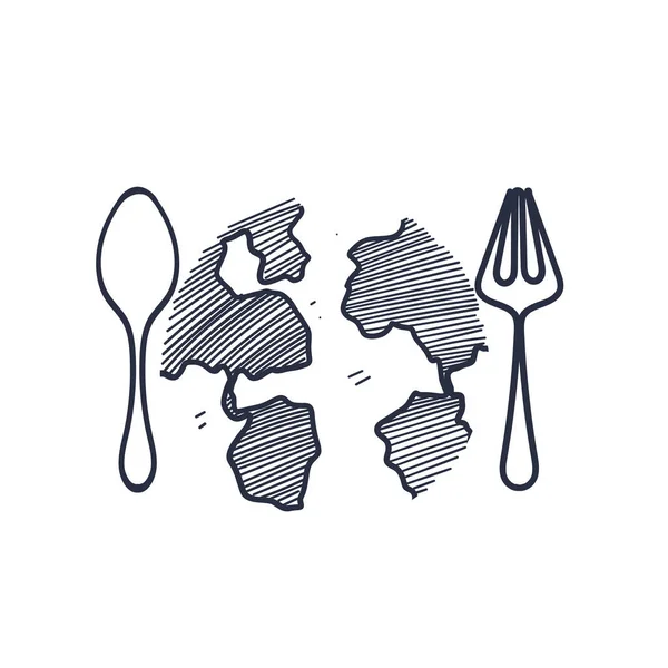 Fourchette Doodle Dessinée Main Cuillère Avec Vecteur Illustration Globe — Image vectorielle