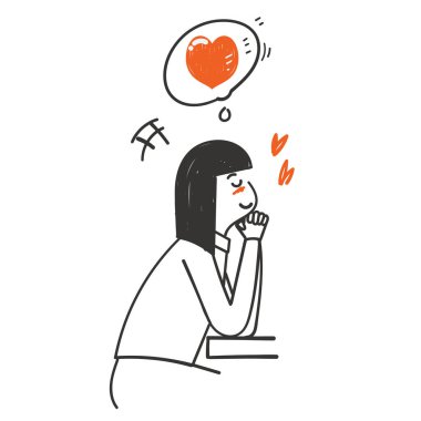 El çizimi mutlu ve utangaç bir kadın aşk illüstrasyonunu düşünüyor