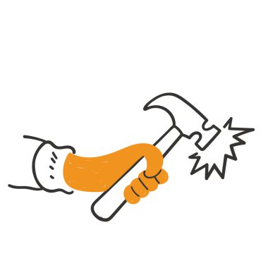 hand drawn doodle person holding and hitting with a hammer illustration