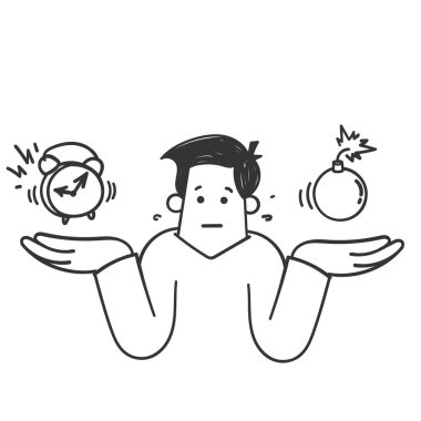 hand drawn doodle person holding bomb and clock timer illustration vector