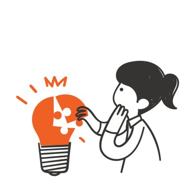 hand drawn doodle woman putting together a light bulb puzzle illustration