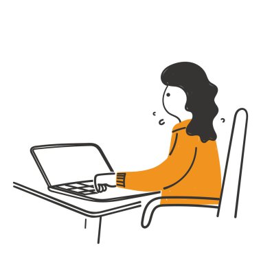 hand drawn doodle woman working on laptop illustration