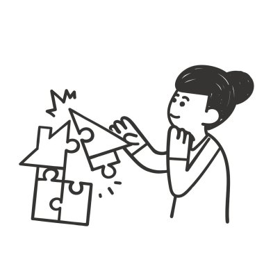 hand drawn doodle person trying to put together a jigsaw house puzzle illustration