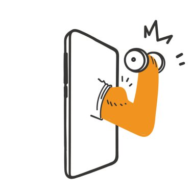 hand drawn doodle mobile phone with dumbbell symbol for online fitness illustration vector
