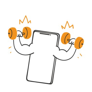 hand drawn doodle mobile phone with dumbbell symbol for online fitness illustration vector