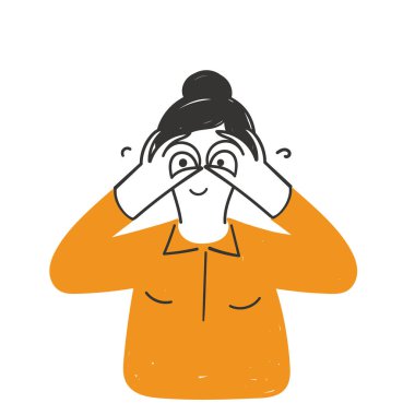 hand drawn doodle person with binoculars gesture on eyes illustration vector