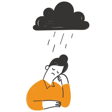hand drawn doodle depression or stress woman with rain cloud illustration