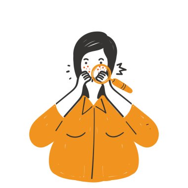 Elle çizilmiş karalamalı kadın cilt yüzeyine bakan cam illüstrasyon vektörüyle