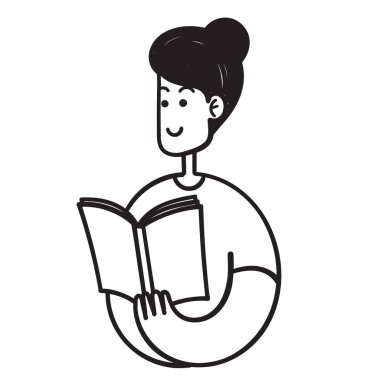 El çizimi çizen kadın bir kitap illüstrasyonu okuyor.