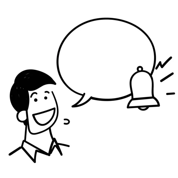 Garabato Dibujado Mano Persona Con Burbuja Parlante Timbre Notificación Campana — Vector de stock