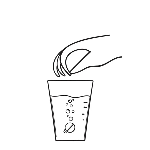 Mão Doodle Desenhado Colocar Pílula Comprimido Solúvel Ilustração Ícone Água — Vetor de Stock