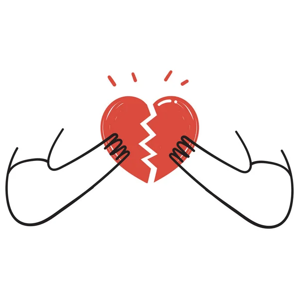 Mano Dibujado Garabato Persona Sosteniendo Roto Corazón Ilustración Vector — Vector de stock