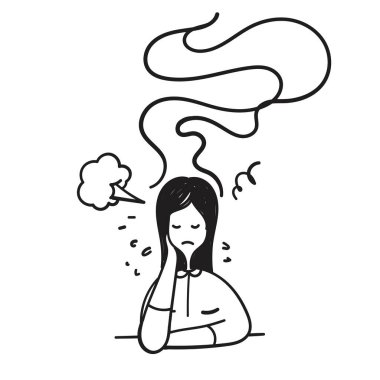 Elle çizilmiş karalama. Yorgun ve kafası duman çıkaran insanlar.