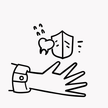 Diş koruma vektörü için el çizimi karalama dişleri ve kalkan çizim sembolü