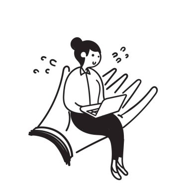 Bilgisayarla çalışan el çizimi çizimi kadın avuç içinde oturuyor.