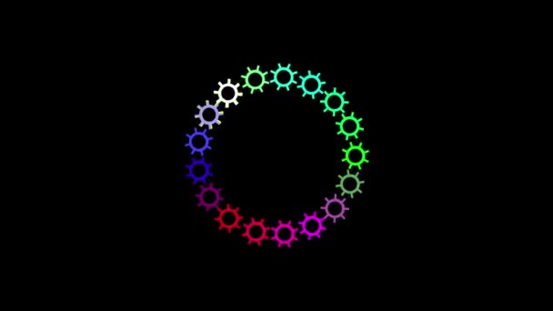 Kleurrijke Spinning Tandwielen Cirkel Motion Graphics Met Effen Zwarte Achtergrond — Stockvideo